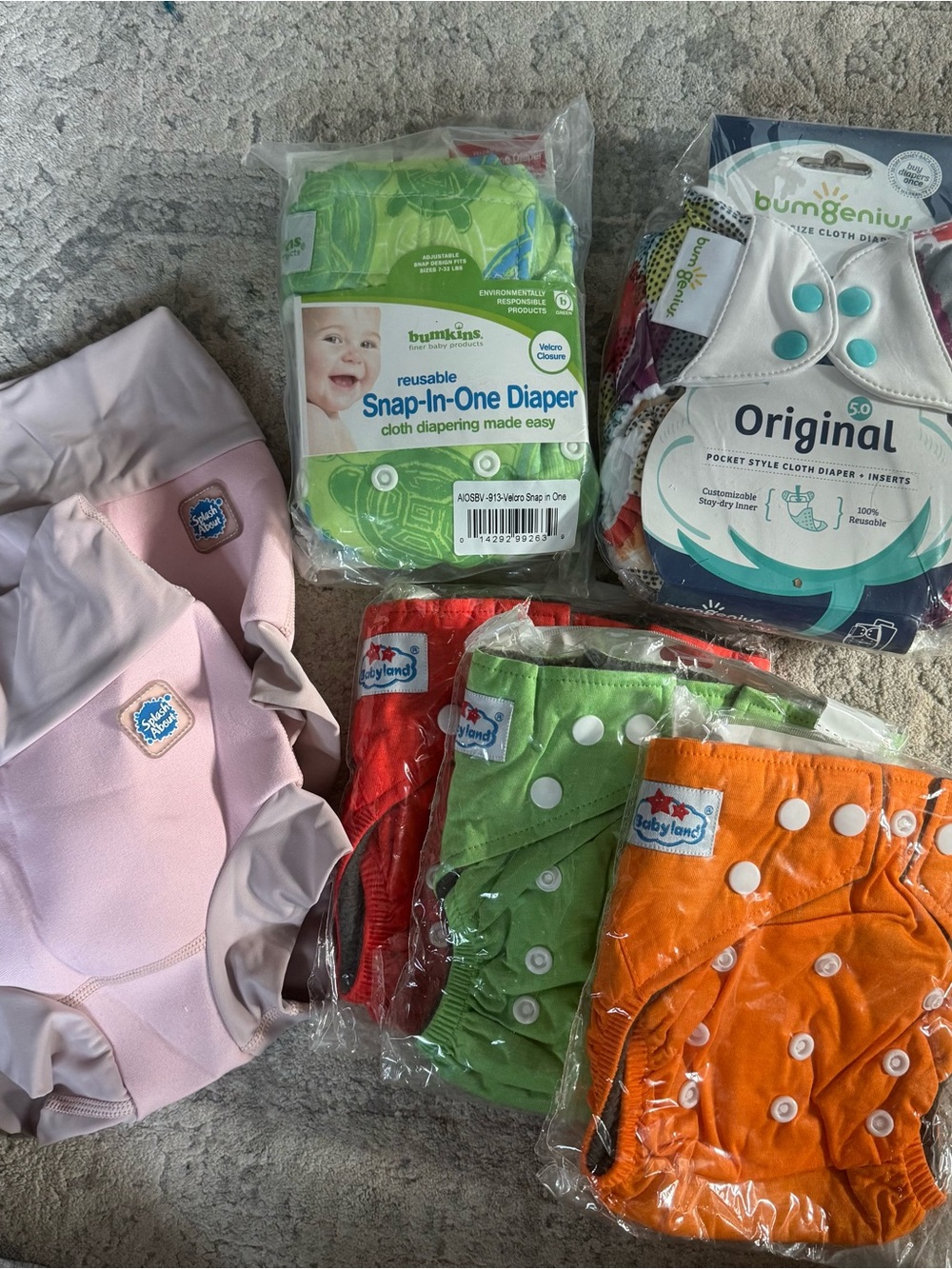 SET Of 7 Reusable Cloth Diaper Set - Pink, Green, Orange and 2 reusable swim